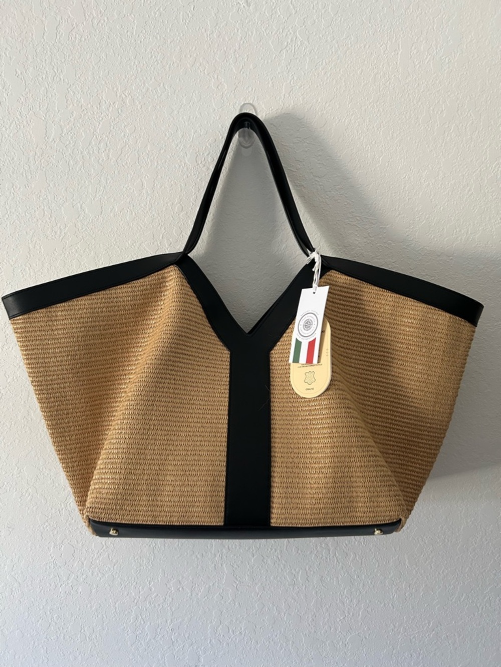 Viola Castellani Italian Woven large Straw Tote Bag with Black Trim